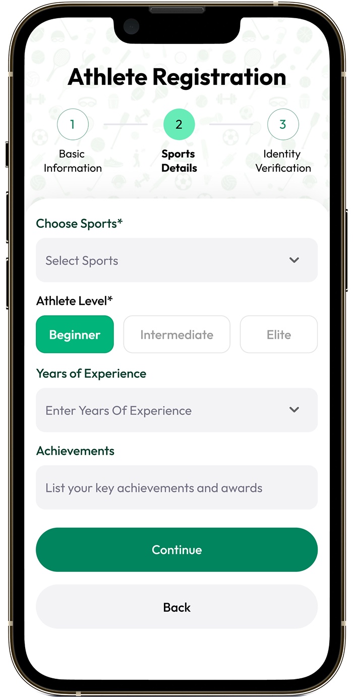 Global Sports athlete registration screen